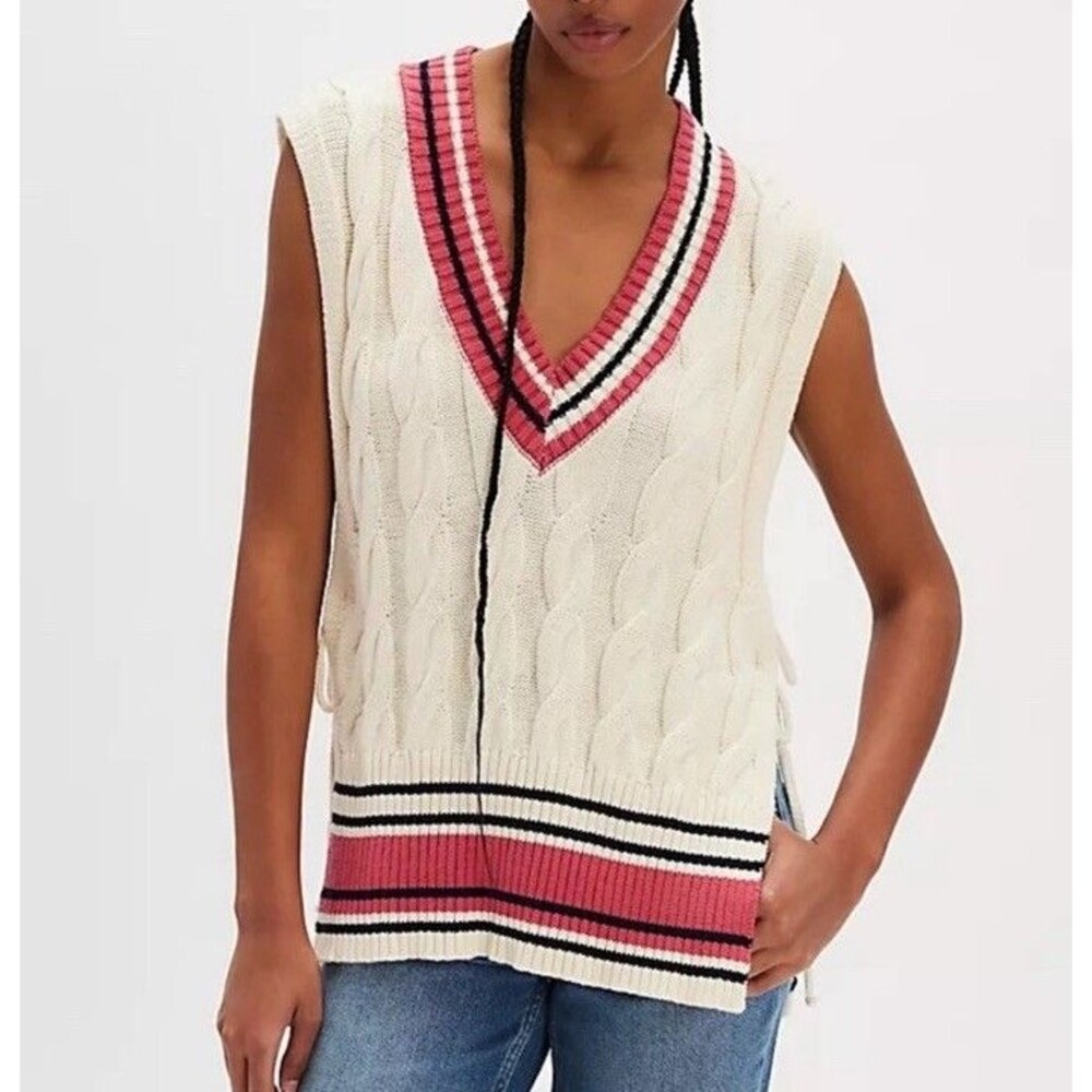 Free People Coastal Prep Poncho Vest One Size 100% Cotton Ivory Striped Casual